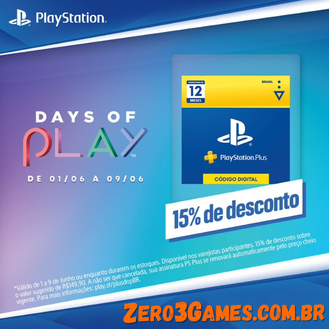 Days of play, adquira 12 meses de Psn Plus com até 20% de desconto